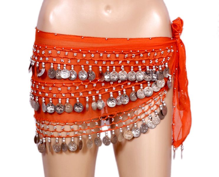 Hot Orange Belly Dancing Skirt with White Coins; Authentic Dance Scarf Wrap for Ladies