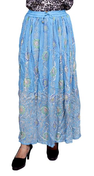 Indian Blue Boho Rayon Embroidered Sequin Work Elastic Waist Hippie Skirt