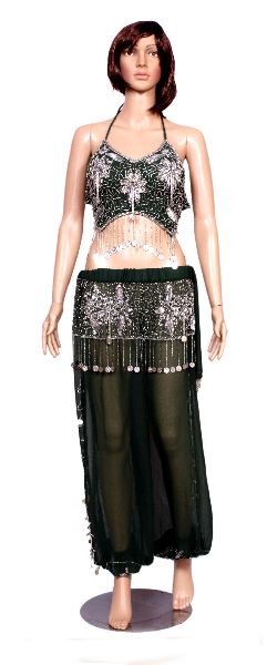 Set of Green Color Hot Belly Dance Costume, Beaded Halter Top and Full Pants Set with White Coins