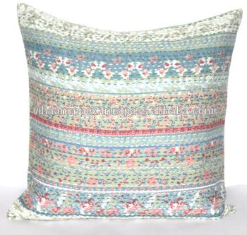 Indian Pure Cotton Handmade Kantha Work Designer Sofa Cushion Cover Case