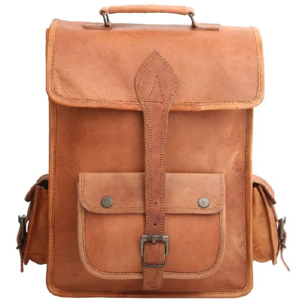 Brown Leather Backpack, for College, Office, Travel, Pattern : Plain