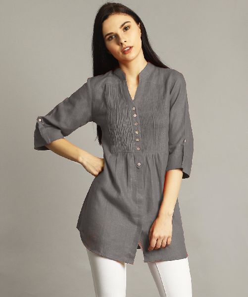 Grey Pleated Yoke Roll-Up Tunic