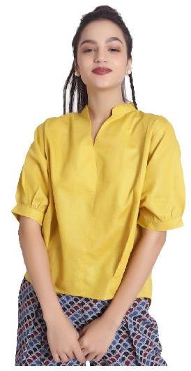 Mustard Peasant Sleeve Linen Top