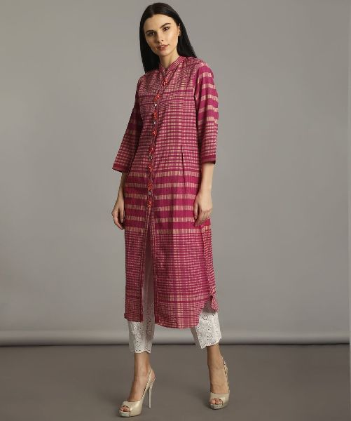 Pink Handloom Cotton Check Kurti