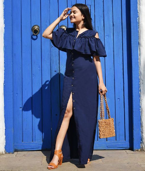 Ruffled Buttoned Cold Shoulder Navy Blue Maxi Dress