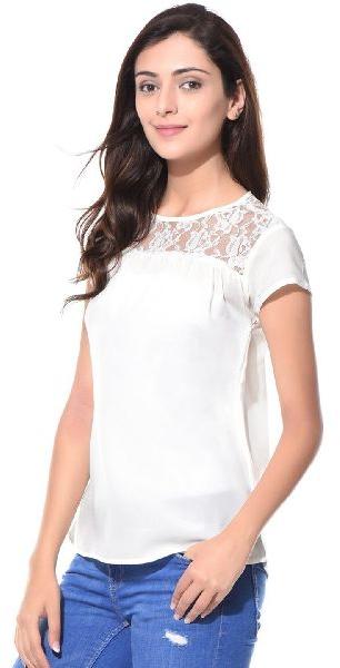 White Lace Neck Crepe Top, Occasion : Casual.