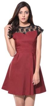 Wine Solid Lace Detailed Skater Dress, Feature : Anti-Wrinkle, Breathable, Dry Cleaning, Plus Size