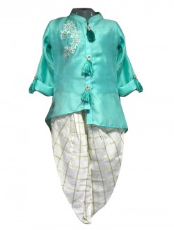Teal Satin Casual Wear Embroidery Work Kids Dhoti Style