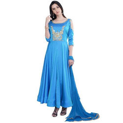 Blue Silk Frock Suit, Pattern : Embroidered