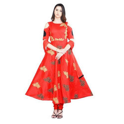 Silk Red Embroidered Anarkali Suit