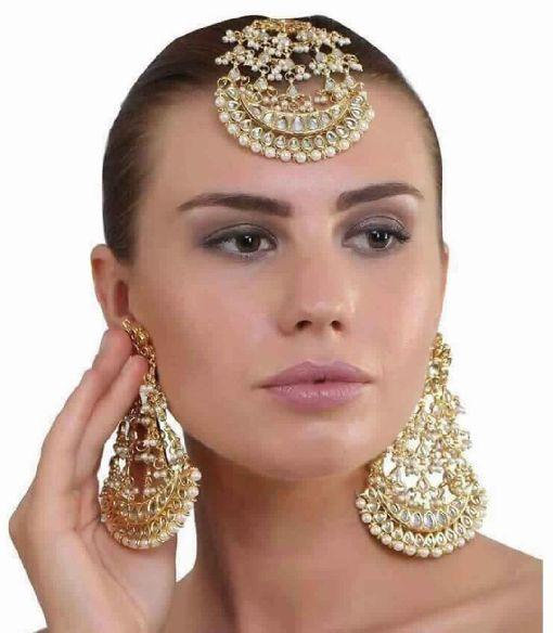 Gold Plated Wedding Bridal Look Pearls Style Maang Tikka With Earrings Set