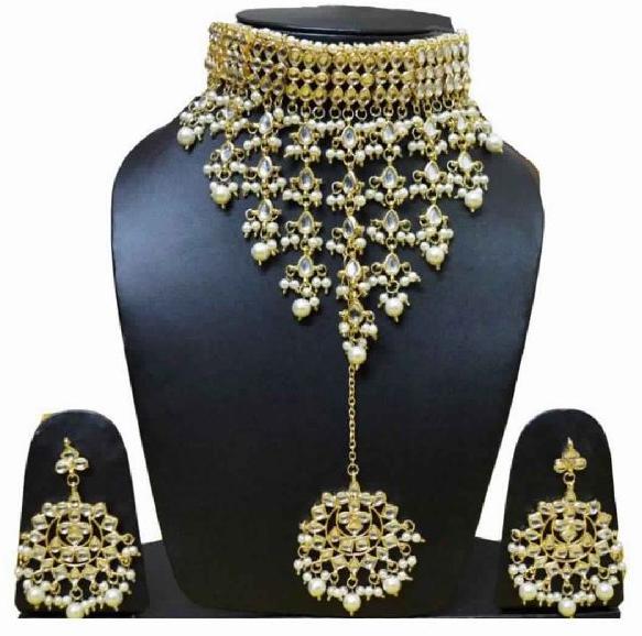 Jadau Stone Look Gold Plated PartyWear Handmade Necklace Jewelry set