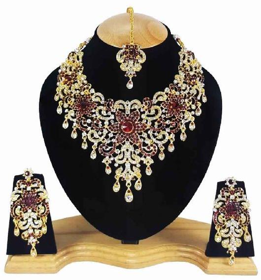 Party wear Zerconic Ethnic Necklace Set In Dark Red