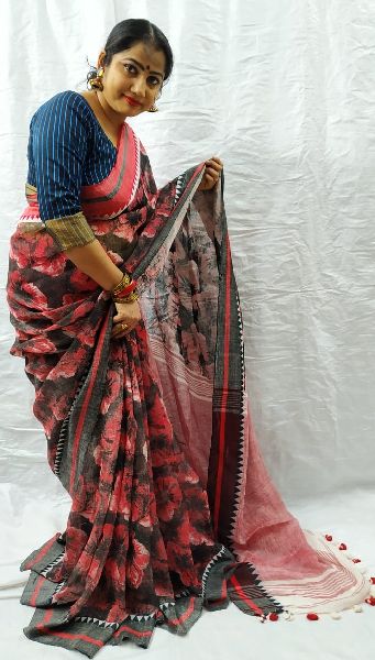 Glittery Handloom Pure Print Linen Saree, for Anti-Wrinkle, Dry Cleaning, Easy Wash, Shrink-Resistant