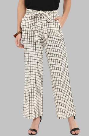 Beige Checkered Cotton Straight Pant