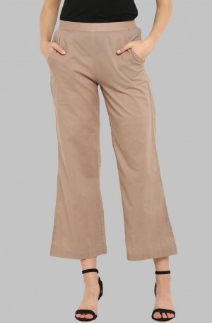 Beige Plain Cotton Straight Pant