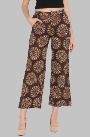 Brown Printed Cotton Straight Pant