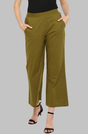 Green Plain Cotton Straight Pant