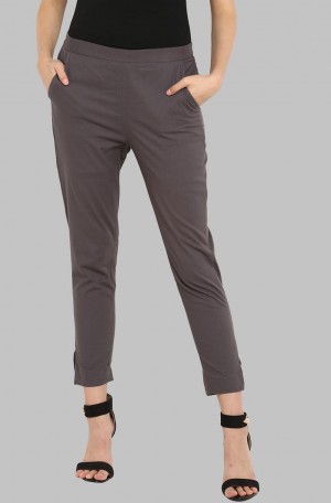 Grey Plain Cotton Narrow Pant