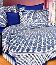 cotton fabric Jaipuri peacock feathers print Queen bedsheet with 2 pillow covers.