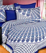 Cotton fabric Jaipuri peacock feathers print Queen bedsheet with 2 pillow covers.