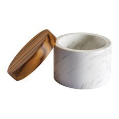 White Marble Salt Cellar With Teak Wood Lid