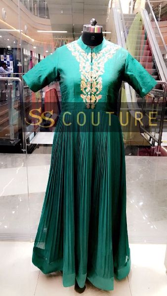 Bottle Green Embroidered Gown, Size : All Sizes