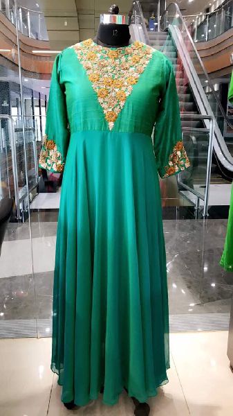 V Neck Zardosi Embroidered Gown, Occasion : Party Wear, Wedding Wear