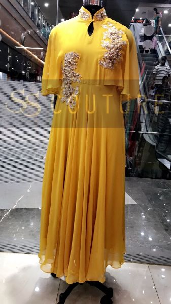 Yellow Bell Embroidered Gown, Occasion : Party Wear, Wedding Wear