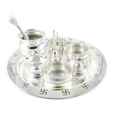 Oval Non Polished silver plated pooja thali, for Worship, Style : Antique