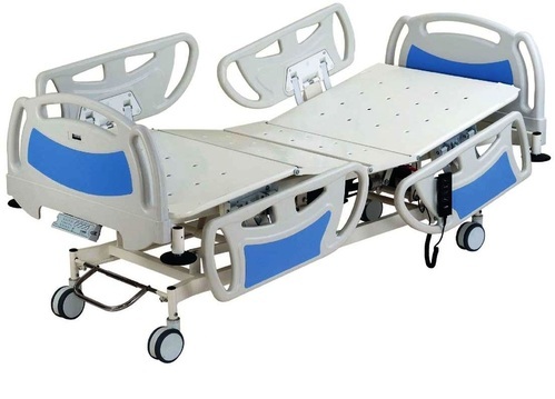 Rectangular Polished Metal Five Function ICU Bed, for Hospital, Feature : Knee Break, Backrest, Foldable