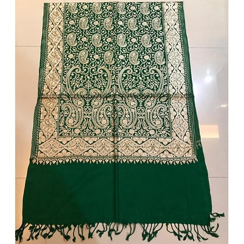 Green Pashmina Kashmiri Silk Embroidered Stole, Size : 70x200 cm