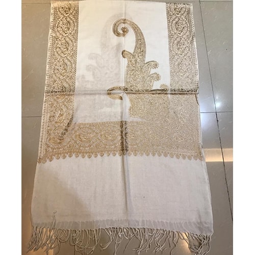 White Designer Pashmina Kashmiri Silk Embroidered Stole