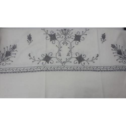 Embroidered White Woolen Kashmiri Shawl, Technics : Handloom