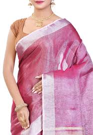 Pink Handloom Tissue Linen Saree, Pattern : Plain
