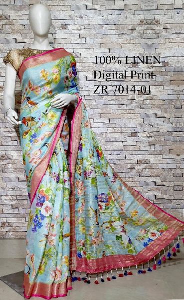 Linen digital printed sarees, Occasion : Party Wear