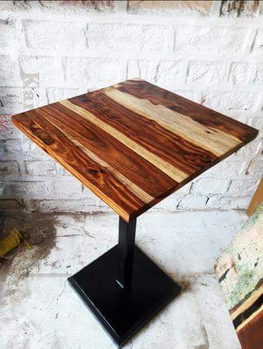 square iron hotel table with wooden top