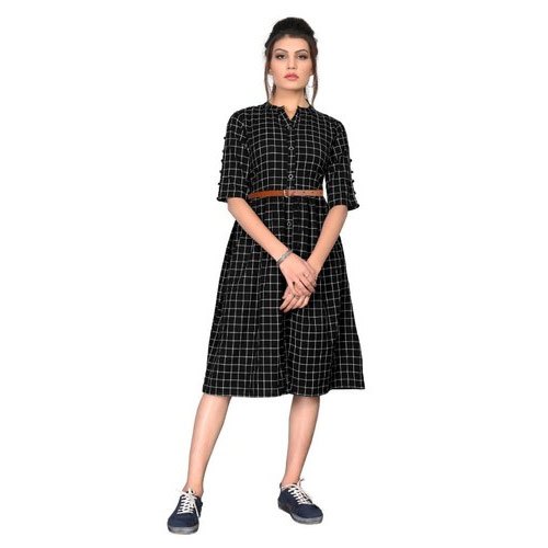 Ladies Cotton One Piece Dress Pattern Check Occasion Party Wear