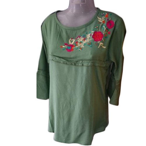 Printed Ladies Embroidered Top, Color : Green