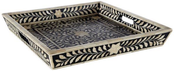 Rectangular Polished bone inlay floral tray, for Coffee, Pattern : Plain