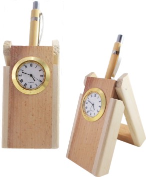 Rectangulat Wooden Table Clock Pen Stand, Color : Brown