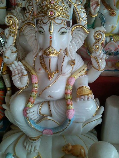 2.5 Feet White Marble Ganesh Statue, for Home, Temple, Pattern : Printed
