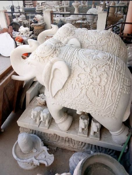 3.5 Feet White Stone Elephant Statue, for Garden, Pattern : Plain