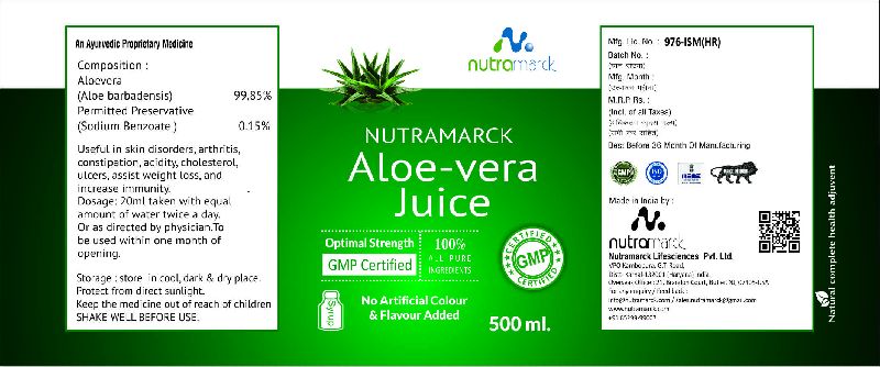 Natural NUTRAMARCK ALOE-VERA JUICE, for Drinking, Certification : FASSI