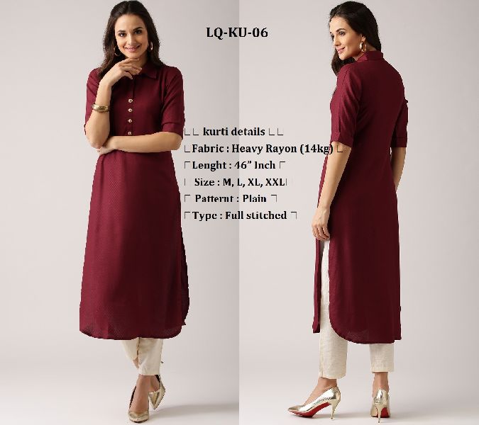 3/4th Sleeve Rayon Kurtis, Technics : plain, Occasion : Casual Wear