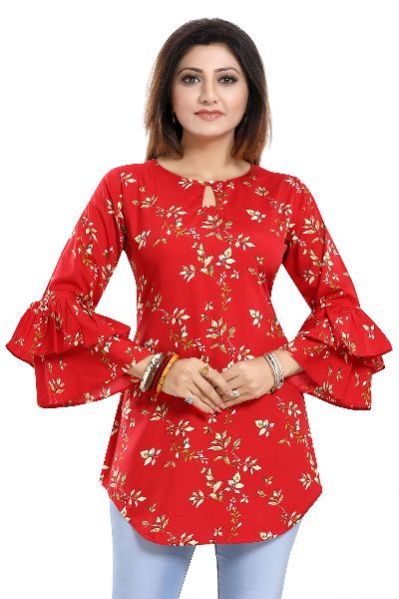 Floral Attire Red Poly Crepe Short Kurta With Frilled Sleeves