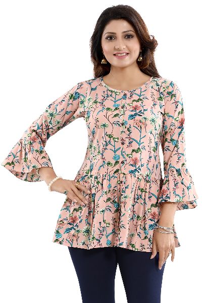 Floral Beauty Designer Poly Crepe Short Frock Style Front Open Tunic Top