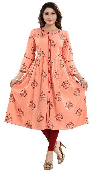 Pristine Peach Rayon Printed Flared Front Open Long Kurta For Ladies