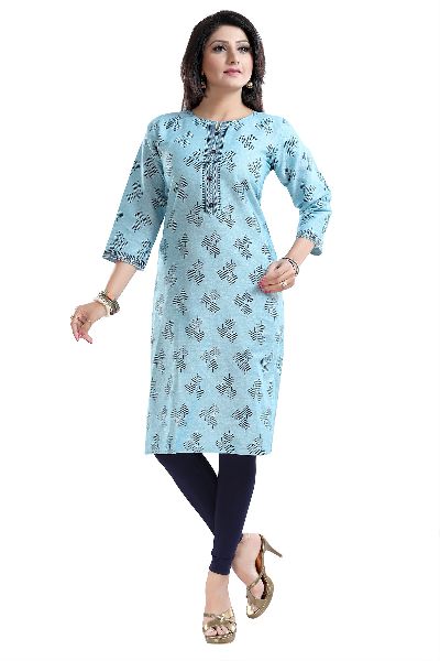 Sky Blue Jute Cotton Printed Kurta For Everyday Wear With Befitting Buttons