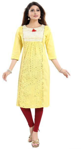 Vibrant Yellow Cotton Long Chicken Tunic With Pom Pom Accessory For Women
